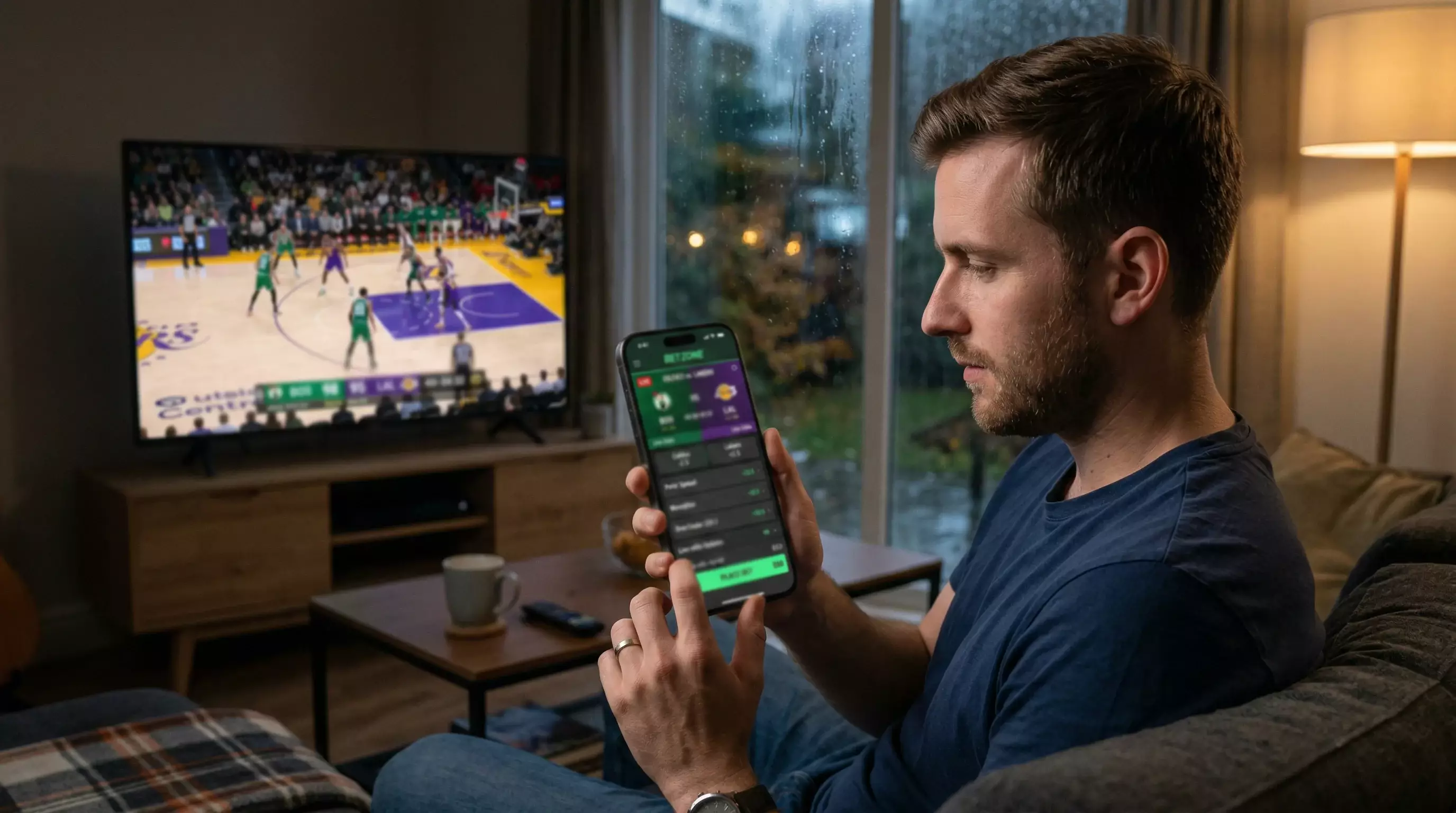 Smartphone mostrando app de apuestas con partido de baloncesto al fondo