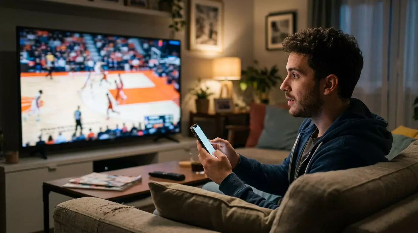 Aficionado siguiendo un partido de baloncesto ACB en directo con dispositivo móvil