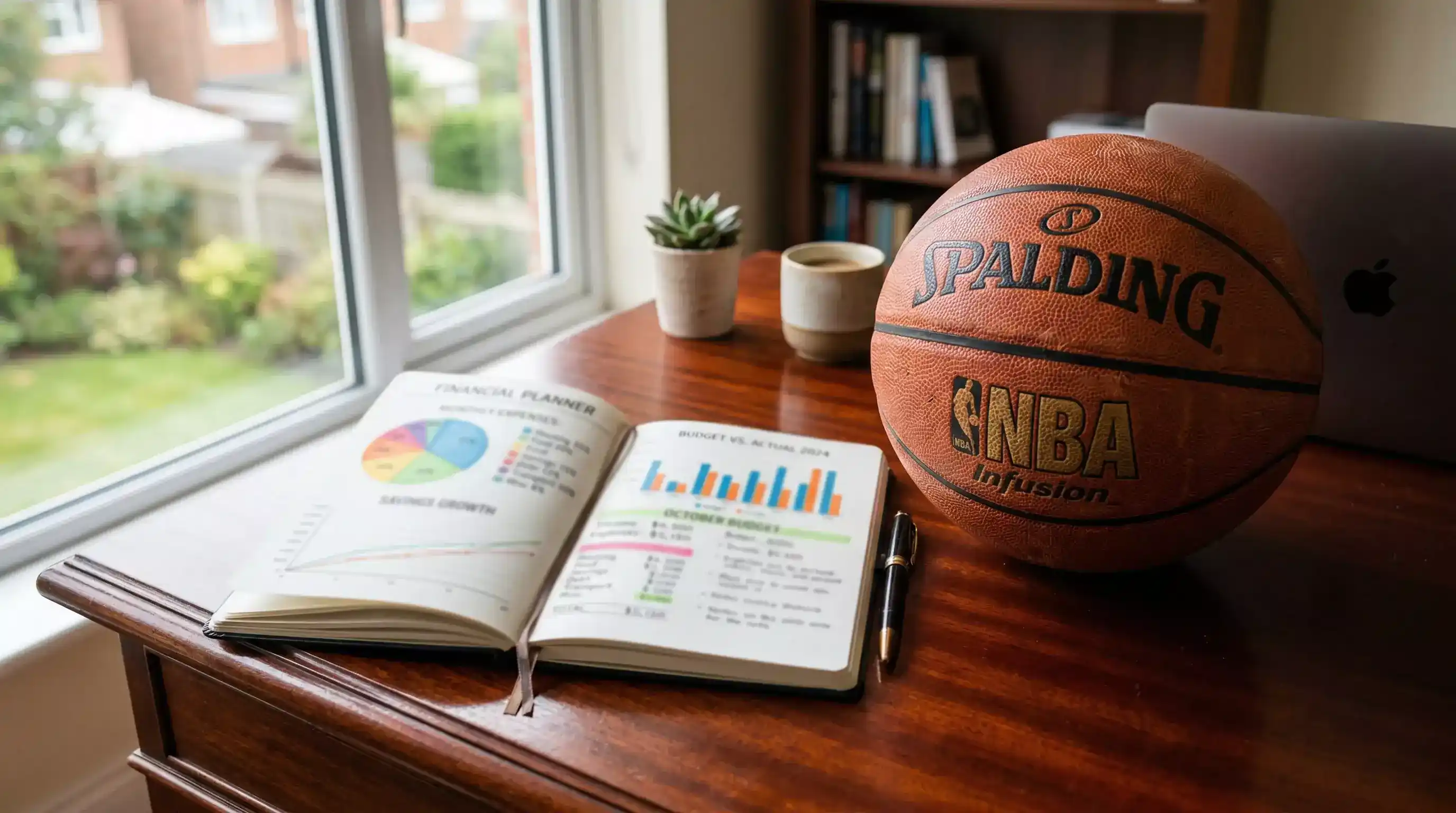 Libreta con gráficos de gestión financiera junto a balón de baloncesto