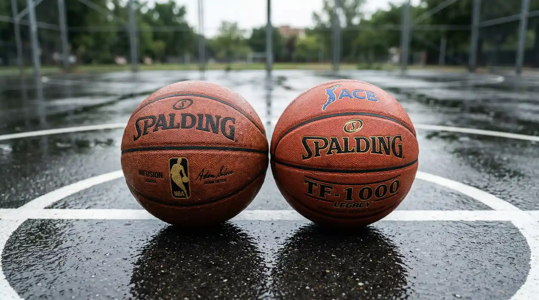 Dos balones de baloncesto en cancha representando ligas ACB y NBA