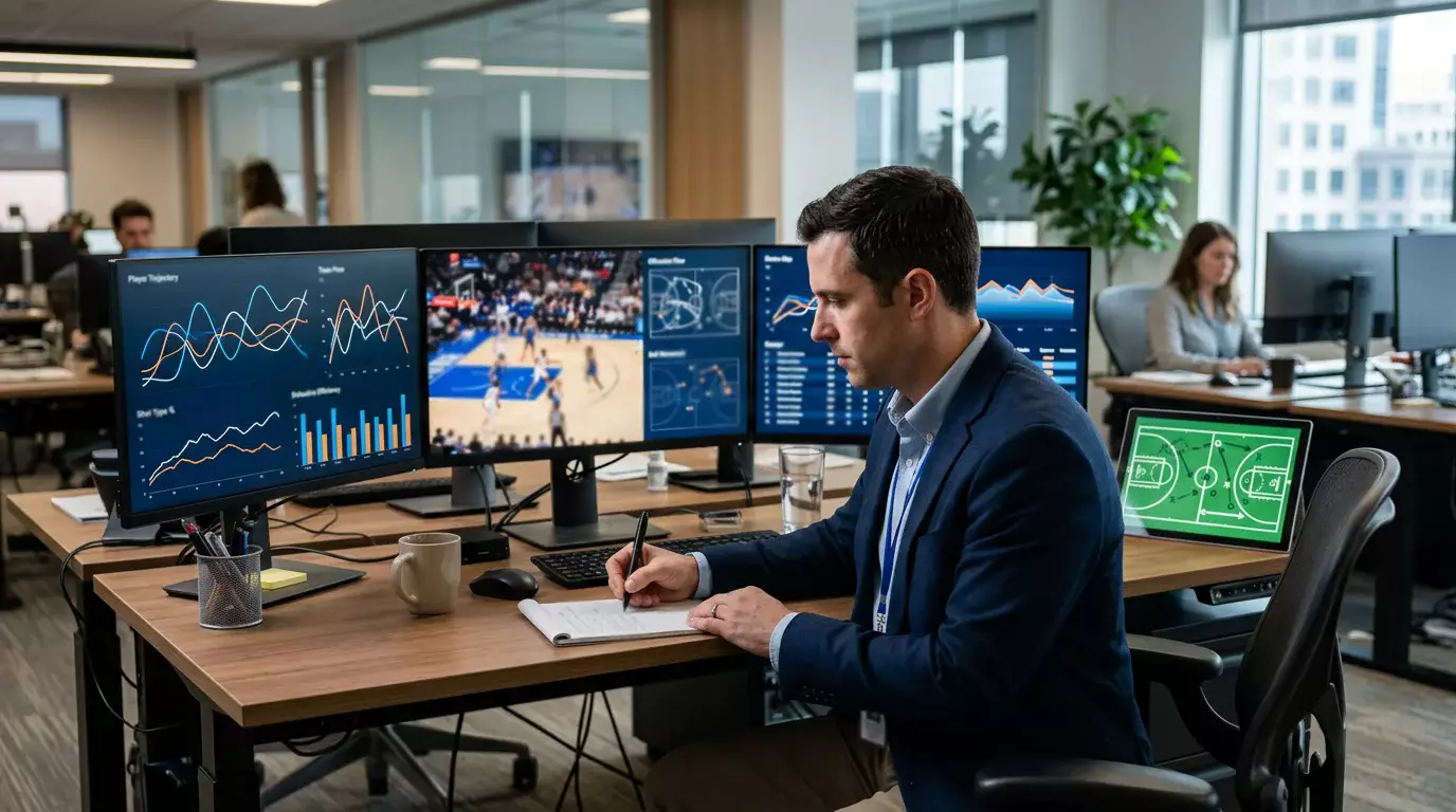 Analista revisando estadísticas de baloncesto ACB con gráficos de rendimiento
