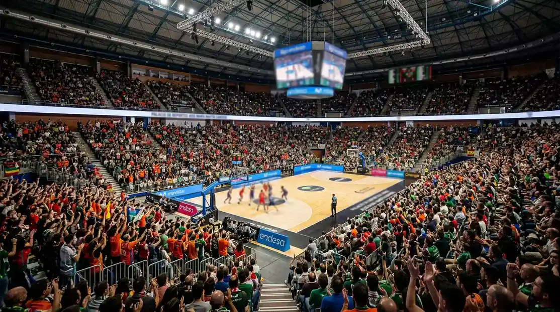 Pabellón de baloncesto ACB lleno de aficionados durante un partido de la Liga Endesa